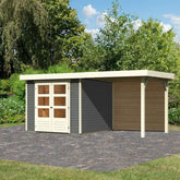 Abri de jardin en bois massif gris terre 5,95m² Askola 3,5 avec appentis 240cm et paroi arrière - Karibu Ma boutique